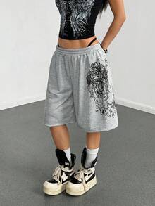 StreetHx Women's Grey Punk Print Loose Capri Pants