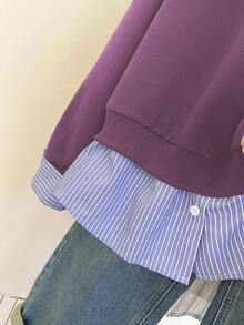 INAWLY Women's Casual Striped Patchwork Slogan Embroidered Sweatshirt, Autumn - Purple - View 5