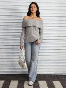 Flirla Women's Solid Color Off Shoulder Twist Knit Casual Long Sleeve Sweater - Grey - View 3