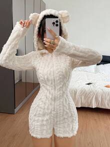 SHEIN 女士动物造型连帽蝴蝶结刺绣连体衣，冬季保暖，蓬松舒适 - 杏色 - 查看 4