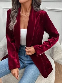 EMERY ROSE 女士优雅纯色天鹅绒西装外套 - 酒紅色 - 查看 6