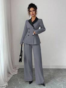 Elenzga 女士优雅通勤优雅长袖撞色腰部 A 字长套装，适合日常穿着、工作通勤和多种场合，春秋季 - 灰色 - 查看 5