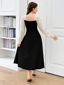 SHEIN Teen Girl Colorblock Square Neck Puff Sleeve Casual Dress - Black and White - View 2