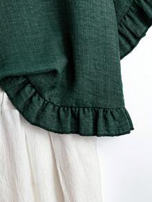 Linhara Plus Size Casual Solid Color Batwing Sleeve Ruffle Hem Blouse - Green - View 5