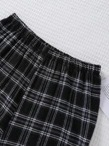 2 件套青少年男孩圆领长袖 T 恤，带有酷炫游戏机图案和宽松格子裤，舒适针织面料休闲睡衣 - 黑色 - 查看 3