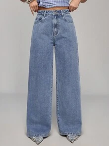 SHEIN PETITE Women's Casual Everyday Commute Versatile Loose Wide-Leg Jeans - Light Wash - View 1