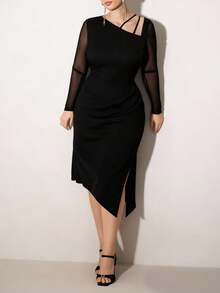 Modelyn Women's Solid Color Sheer Sleeve Cinched Waist Elegant Dress, Autumn/Winter