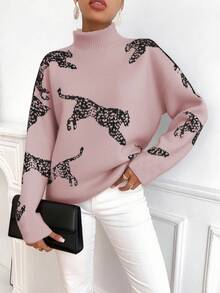 SHEIN LUNE Women's Elegant Leopard Pattern High Neck Drop Shoulder Sweater, Autumn/Winter - Baby Pink - View 5