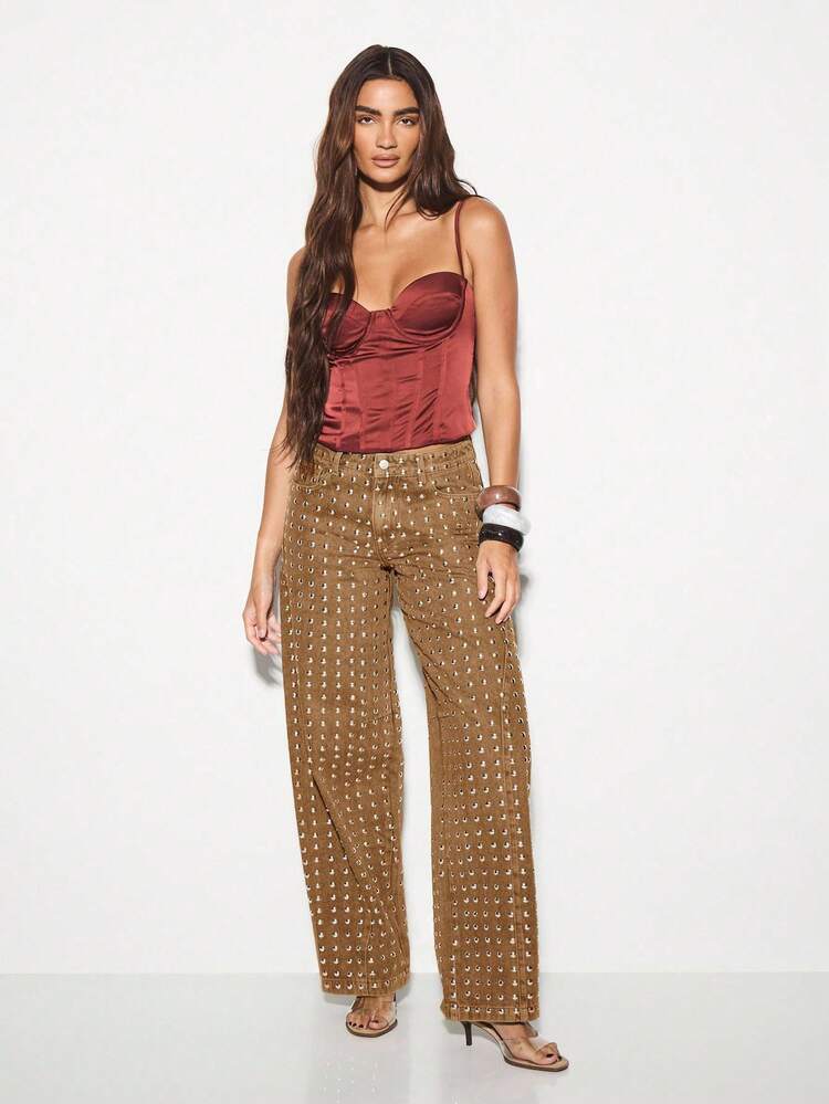 KIZN Wide Leg Studded Denim Jeans With Metal Embellishments