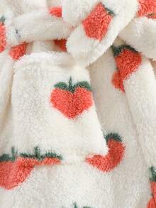 女童舒适柔软白色草莓印花长袖连帽长袍家居服 - 白色 - 查看 7
