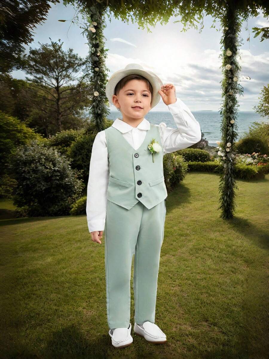 2 件套年轻男孩绅士套装 - 背心夹克 + 裤子,优雅正式西装,适合生日派对、婚礼、周年纪念、毕业典礼、婚礼嘉宾、花童、戒指持有者 - 綠色 - 查看 1