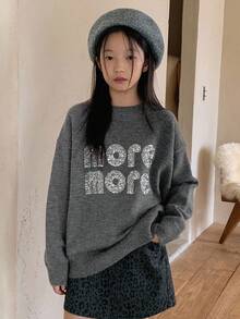 DAZY Tween Girls Round Neck Pullover Sweater, Fall - Grey - View 1