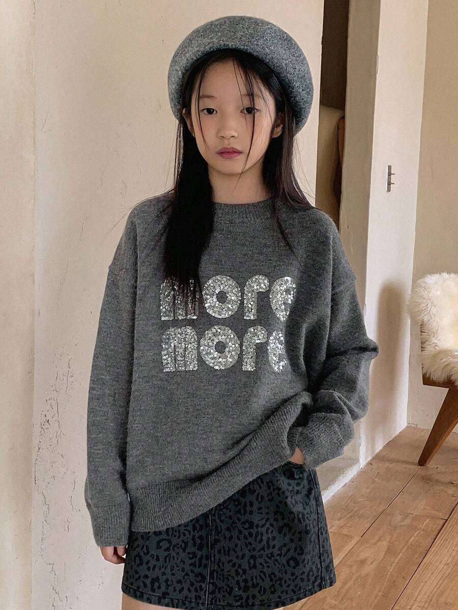 DAZY Tween Girls Round Neck Pullover Sweater, Fall - Grey - View 1