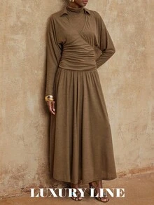 SHEIN Privé VITNOS 秋冬新款女装双层立领优雅长袖垂褶针织连衣裙,适合晚宴、时尚秋冬、优雅休闲装、奢华派对礼服、时尚秋季装扮、派对造型、周末休闲装、魅力连衣裙、秋冬职场装、精致浪漫、迷人浪漫礼服、秋季派对魅力优雅连衣裙、教师装、女士奢华晚礼服、优雅派对礼服、垂褶连衣裙、商务休闲装、毕业舞会礼服,适合约会、外出、夜生活、婚礼、假日、度假、生日等场合。 - 棕色 - 查看 8
