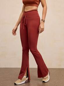 Activina Calça Flare Feminina de Cor Sólida com Design de Babado e Cordão na Cintura - Vinho - Visão 4