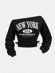 Girlism 青少年女孩春夏街头、基本款、休闲款、百搭款、运动时尚斜肩字母印花短款腰部褶皱运动衫上衣、裤子、返校服装 - 黑色 - 查看 5