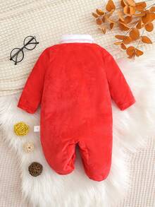 新生儿纯红色简约时尚英文字母刺绣长袖连脚连体睡衣 - 紅色 - 查看 2