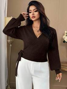 Auvina 1 Áo len cardigan dệt kim tay dài buộc dây phía trước thanh lịch cỡ lớn dành cho nữ, phù hợp cho mùa thu/đông - Cà phê nâu - Xem 4