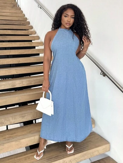 Alexandranx 女士青年布牛仔挂脖露背长裙，秋季女装，假日，复古连衣裙，女士端庄连衣裙