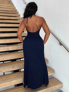Alexandranx 女式纯色针织露背连衣裙 - 藏蓝色 - 查看 2