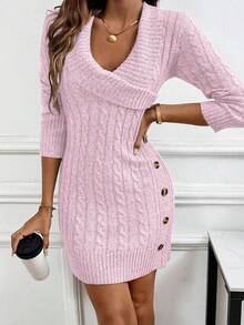 EMERY ROSE Collared Knit Long Sleeve Comfortable Sweater Dress - Pink - View 4