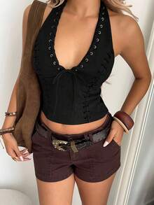 Aloruh 波西米亚风深V领系带麂皮上衣 - 黑色 - 查看 3