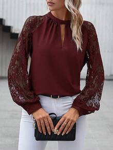SHEIN Clasi Damen elegante Bluse mit Schlüsselloch-Ausschnitt, Spitzen-Patchwork und Raglanärmeln, Herbst - Bordeaux - Übersicht 3
