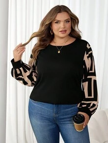 SHEIN CURVE+ 大色块图案拼接灯笼袖休闲宽松女上衣，装扮秋冬 - 彩色 - 查看 8