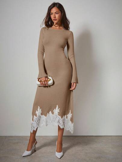 COSMINA Women's Elegant Flare Sleeve Asymmetrical Hem Lace Patchwork Sweater Dress, Autumn/Winter,Cozy Fall And Winter Clothes For Women