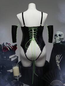 Spicy Aura 5pcs Curve Halloween Ghoul Face Funny Cup-Less Sheer Criss-Cross Ultra-Sexy Plus Size Lingerie Set, Black & Neon Green - Black - View 1