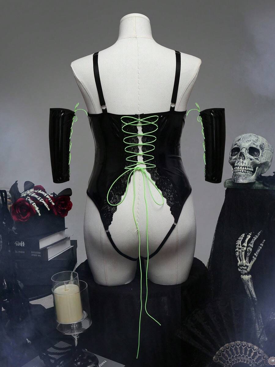 Spicy Aura 5pcs Curve Halloween Ghoul Face Funny Cup-Less Sheer Criss-Cross Ultra-Sexy Plus Size Lingerie Set, Black & Neon Green - Black - View 1