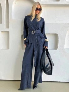 Siren Gaze 女式条纹领口收腰通勤西装，秋冬 - 藏蓝色 - 查看 1