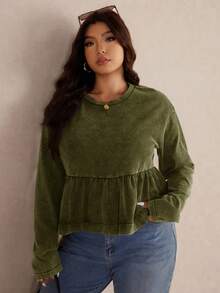 Elaquor 女式休闲宽松长袖圆领荷叶边下摆加大码T恤 - 軍綠色 - 查看 6