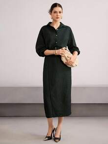 Heiryn Women's Elegant Commuter Solid Color Textured 2 Pieces Set - Dark Green - View 6