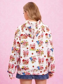 Strawberry Shortcake X SHEIN Women's Funny & Cute All-Over Print Dropped Shoulder Loose Hoodie - White - View 2