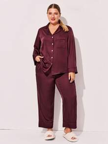 LUVLETTE Christmas & New Years Pajamas Women Plus Size Red & Burgundy Basic Satin Solid Button-Up PJ & Lounge Sets For Women Pajama Sets For Women, Fall Clothes For Women - Red - View 4