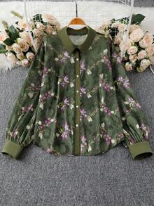 DreamSkyne 大码女式花卉镂空印花翻领长袖休闲优雅衬衫 - 軍綠色 - 查看 3