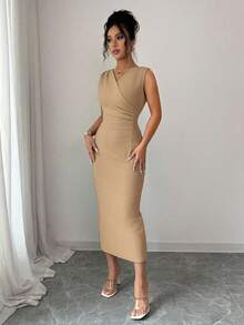 Elenzga Women's Elegant Fashion Commuter Casual Comfortable Charming Retro Romantic Vacation Sleeveless V-Neck Waist Ruched Fitted Solid Color Midi Dress - Khaki - View 4