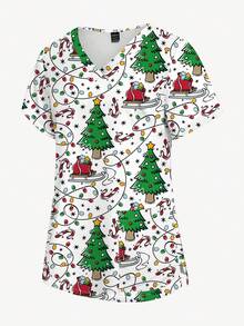 PopScrub Women's Fashion V-Neck Short Sleeve Allover Print Christmas Tree & Fairy Lights Nurse Scrub Uniform Top - Multicolor - View 3