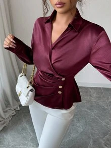 Elenzga Blusa elegante de mujer con cuello en V, cintura fruncida y manga larga, color borgoña, tela brillante, para Navidad