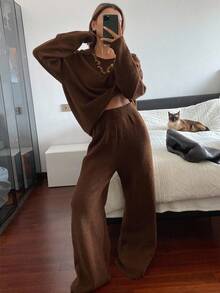 Dazy-Less Women's Casual Business Elegant Round Neck Knit Sweater And Loose Pants 2 Pieces Set, Autumn/Winter