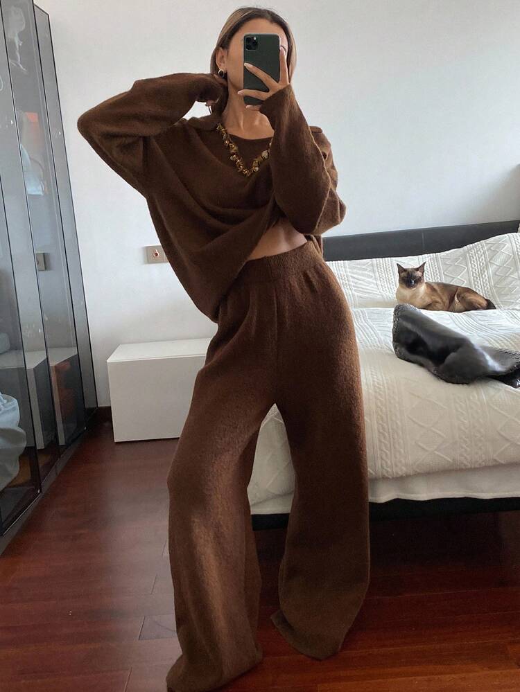Women's Casual Business Elegant Round Neck Knit Sweater And Loose Pants 2 Pieces Set, Autumn/Winter