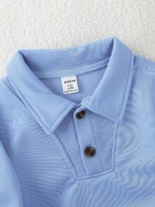 SHEIN Playful Pals 2 件套男婴幼儿 Polo 领休闲针织拉链上衣和配套松紧腰裤套装，蓝色，适合春、秋、冬，6 个月至 3 岁 - 藍色 - 查看 4