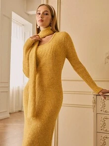 Revavyn 优雅羊毛混纺修身圆领毛衣连衣裙，配围巾，时尚黄色，秋冬款 - 黃色 - 查看 5