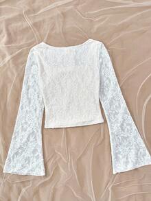 Girlism 少女褶皱甜心领喇叭袖 T 恤，适合秋冬季、返校、外出 - 杏色 - 查看 2