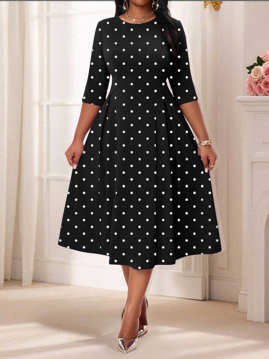 SHEIN Lady Plus Size Elegant Party Polka Dot Print Dress Black Polka Dot Dress Black And White Polka Dot Dress Church Dress For Women Polka Dot Dress Elegant Midi Dress Black And White Polkadot Dress Polka Dot Midi Dress Plus Size Polka Dot Print Black And White Round Neck Contrast Binding Split Midi Dress Three Quarter Length Sleeve Elegant Dress Black Skirt Plus Size Dress Women Cozy Fall And Winter Clothes For Women Thanksgiving Dress Black Dresses For Women Elegant Dresses For Women Casual Dresses For Women