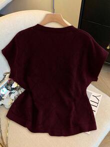 SHEIN Clasi 1pc Women Plus Size Diamond Pattern Gold Button Knit Sweater - Burgundy - View 2