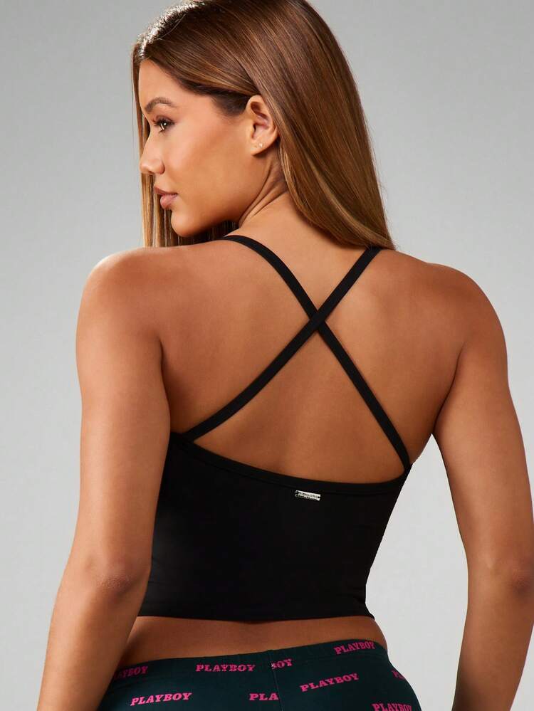 Missguided x Playboy Débardeur court rétro classique ajusté, camisole de sport, Top court sans manches, vêtement de sport Y2K, tenue de festival, streetwear, été, plage, club, soirée