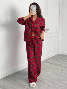 SHEIN PETITE Dames Nachtmode Pyjama Set Check Red Top And Pants Twill, Christmas - Burgundy - View 13
