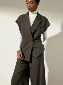 Aveloria Modichic Women's Elegant Turndown Collar Casual Belted Loose Cap Sleeve Vest And High Waist Wide Leg Pants Suit Set - Olive Green - View 7